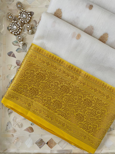 Chanderi Silk saree | Off white with Yellow & Gold Border | Handwoven | Ships from California